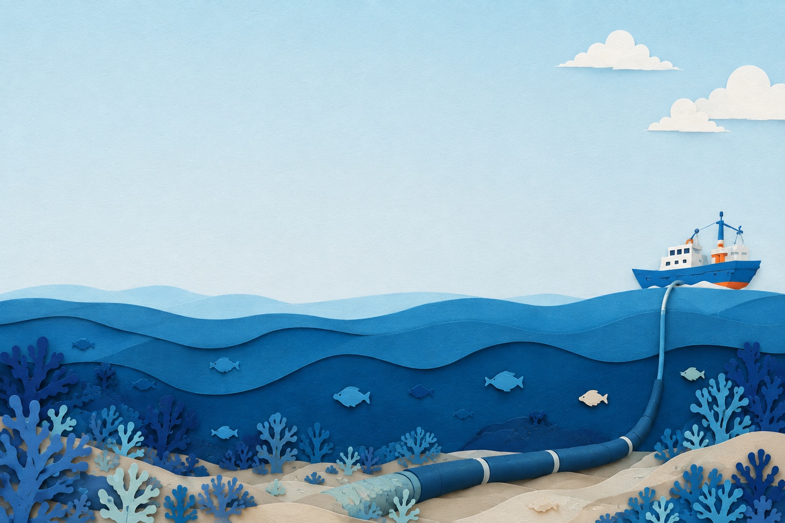 Paper-cut illustration of a cable-laying ship above blue ocean waves and a power cable resting on the seabed.