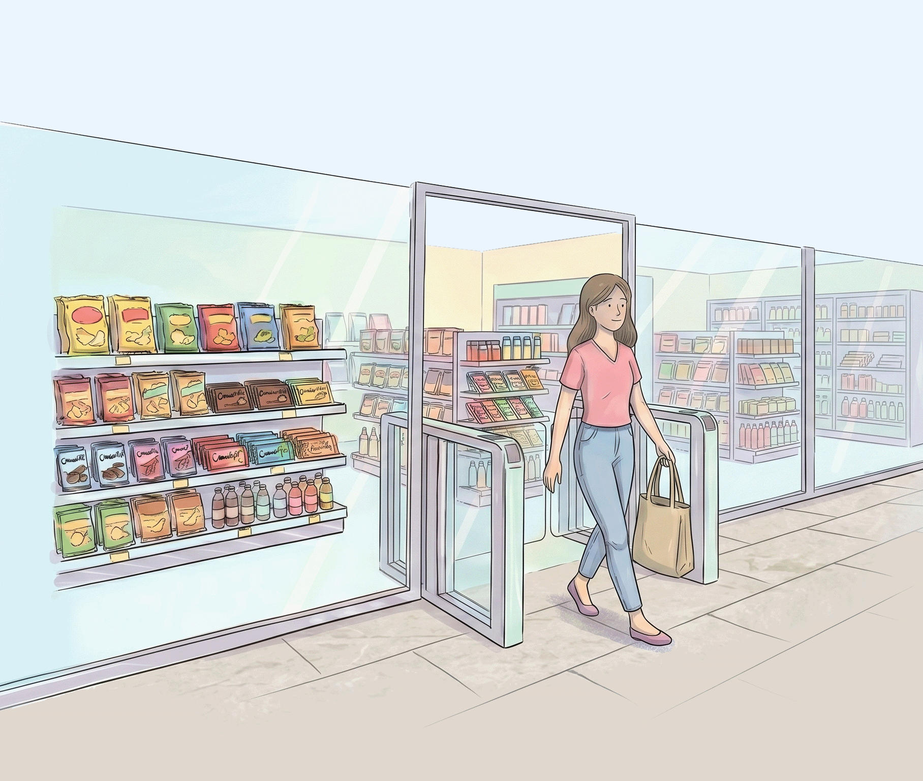 A shopper exits an automated artificial intelligence convenience store in Singapore